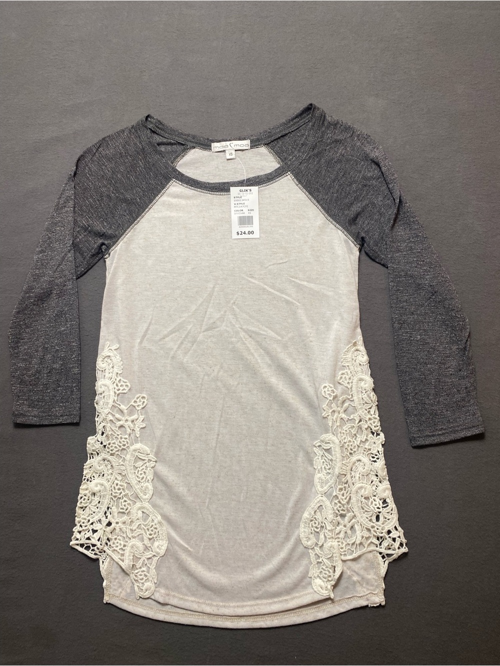 Moa Moa Gray & Cream Raglan Lace-Trim Long Sleeve Tee NWT